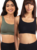 NYKD Womens Cotton Non Padded Wire Free Everyday Bra Bra, NYB113PO2, Green/Black, S, 2N