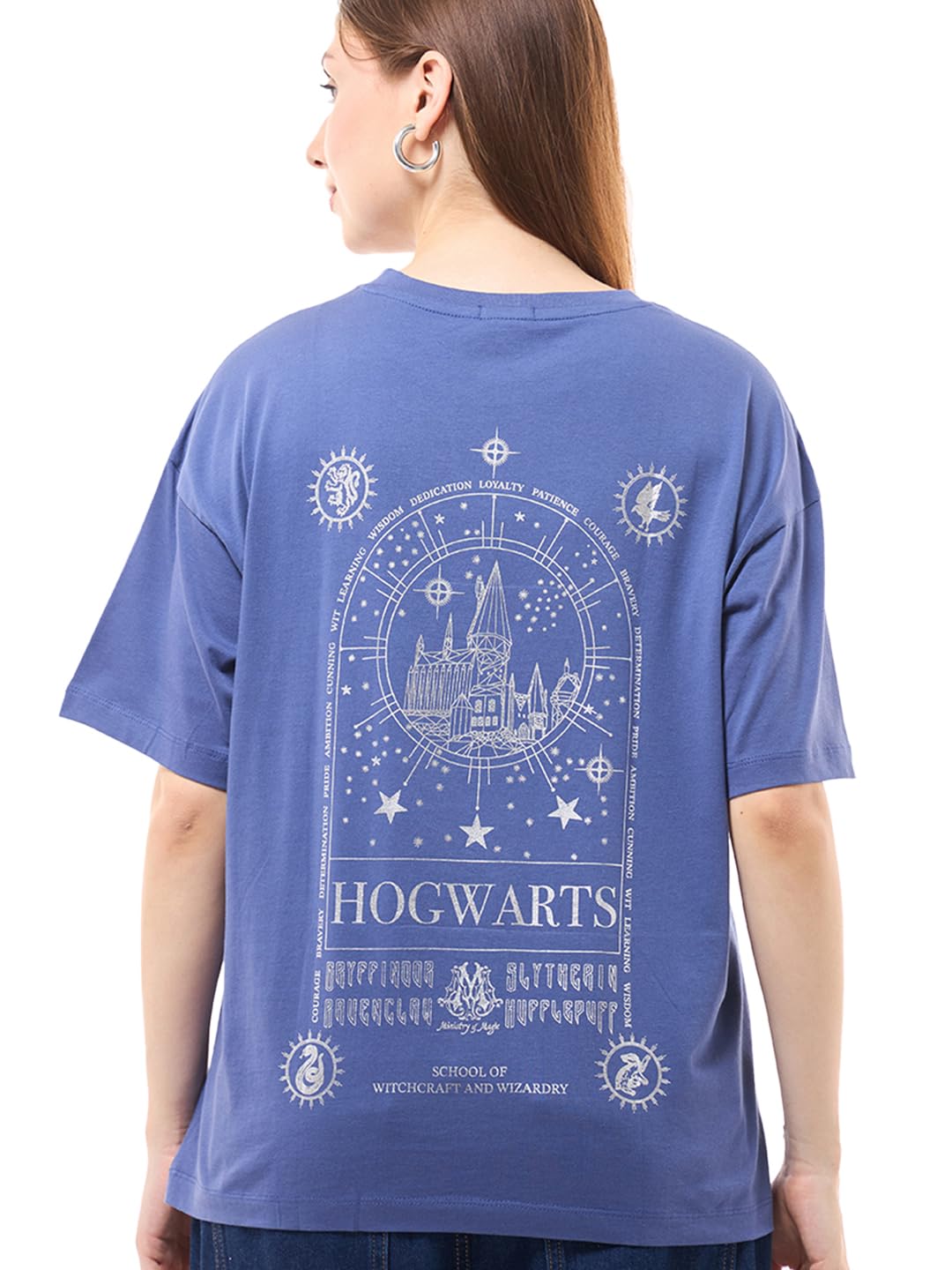 Bewakoof Official Harry Potter Merchandise Hogwarts Womens Graphic Printed Oversized Fit Half Sleeve Round Neck Cotton Jersey T