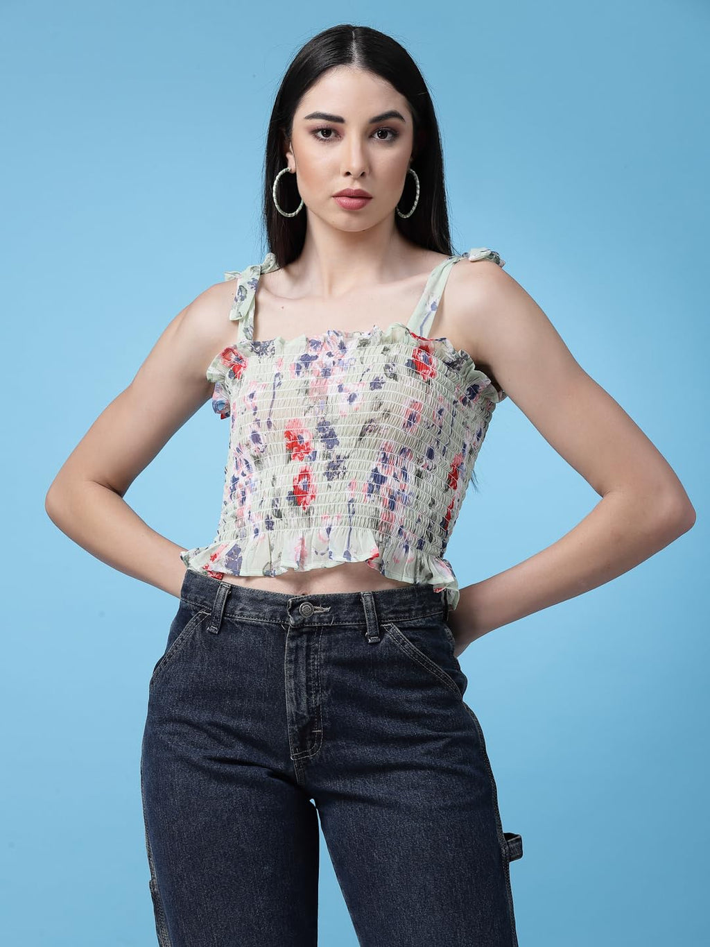 OOMPH! Sleeveless Floral Crop Tops for Women Western, Green - mt605