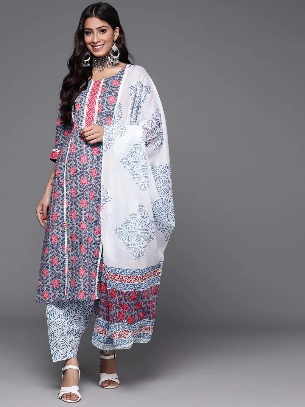 ANNI DESIGNER Womens Cotton Blend Straight Printed Kurta with Pant & Dupatta (Uvesh Grey_XXL_Grey_XX-Large)