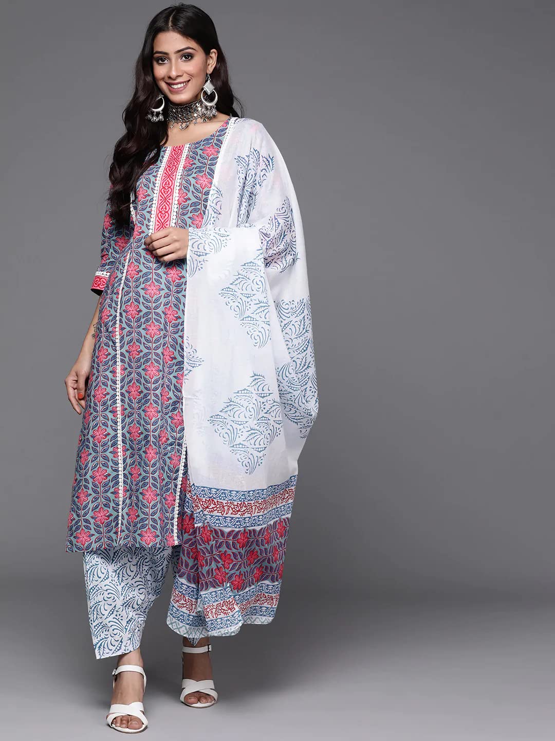 ANNI DESIGNER Womens Cotton Blend Straight Printed Kurta with Pant & Dupatta (Uvesh Grey_XXL_Grey_XX-Large)