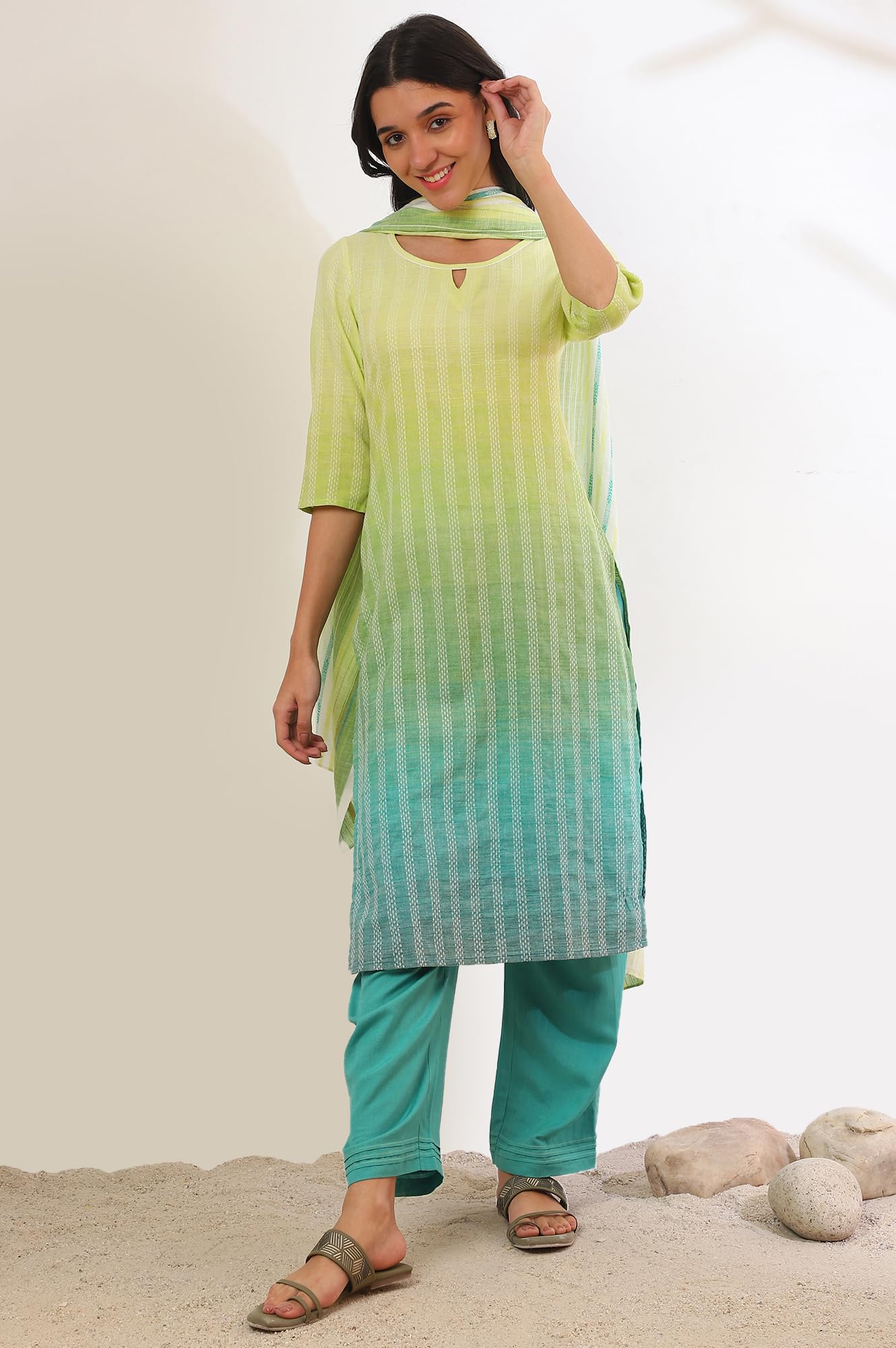 Aurelia Women'S Green Yarn Dyed Pure Cotton Straight Kurta With Palazzo & Dupatta Set