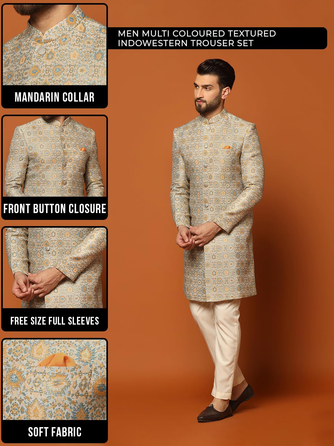 Kisah MenS Sherwani & Trouser Set  Textured Silk Blend Jacquard Ethnic Wear For Men  Regular Fit Wedding & Festive Look  Dry Cle