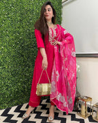 ANNI DESIGNER Womens Rayon Blend Straight Embroidered Kurta with Pant & Dupatta (Hafti Pink_M_Pink_Medium)