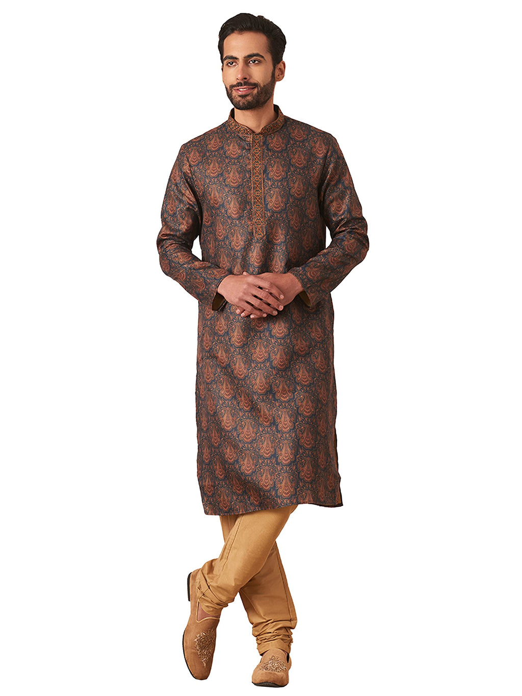 Manyavar Kurta Set For Men, Full Sleeves Mandarin Collar Ethnic Kurta & Churidar Set Art Silk Printed Set (Blue, Xl)