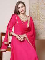 ANNI DESIGNER Womens Rayon Blend Anarkali Solid Kurta with Pant & Dupatta (Shyam Pink_S_Pink_Small)