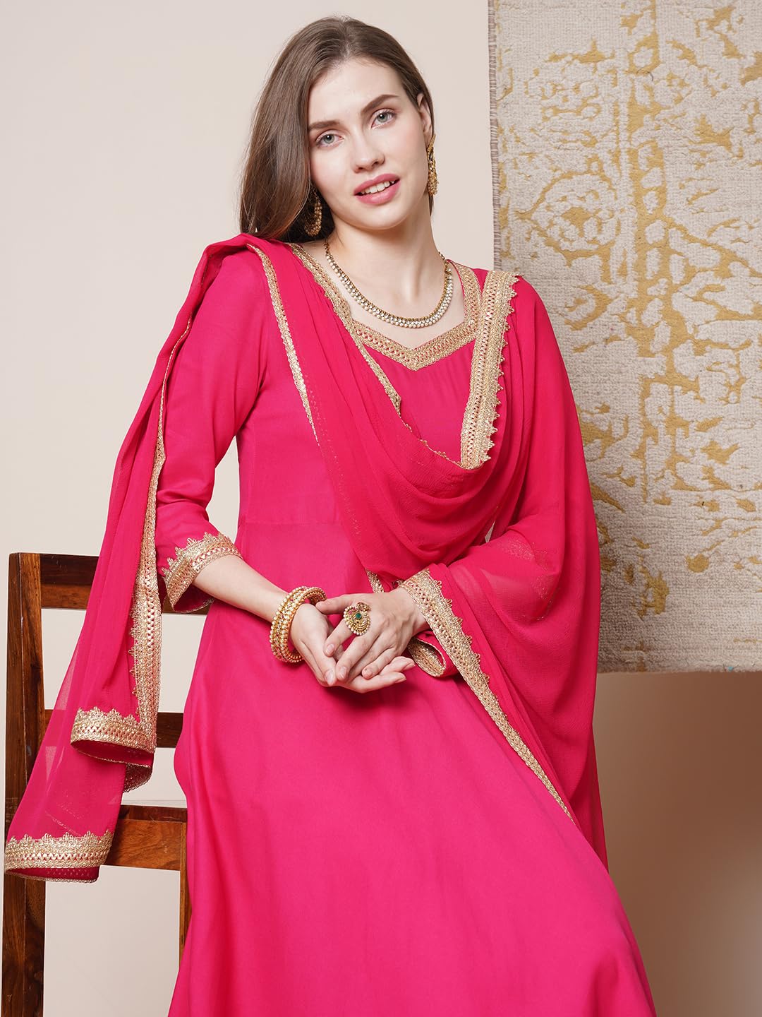 ANNI DESIGNER Womens Rayon Blend Anarkali Solid Kurta with Pant & Dupatta (Shyam Pink_S_Pink_Small)