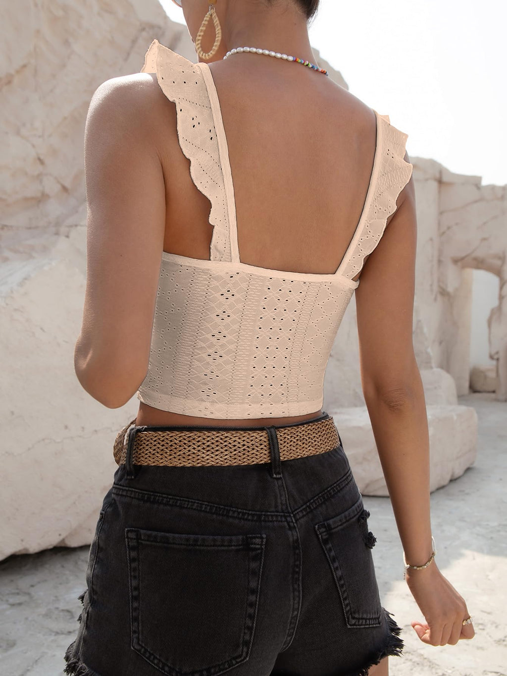 Sugathari Girls & Womens Beige Eyelet Embroidery Knitted Scoop Neck Casual Slim Fit Women T-Shirt, Sleeveless Schiffli Crop To