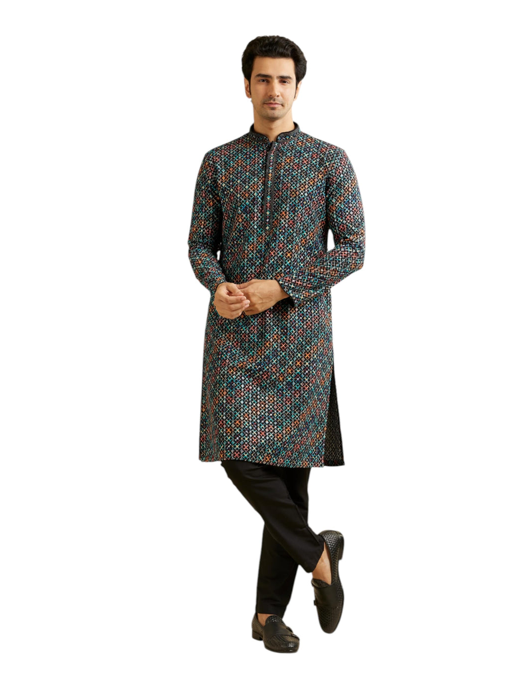 Manyavar MenS Viscose Chikankari Grid Print Kurta Set (Multi,L)