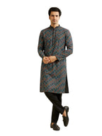 Manyavar MenS Viscose Chikankari Grid Print Kurta Set (Multi,L)