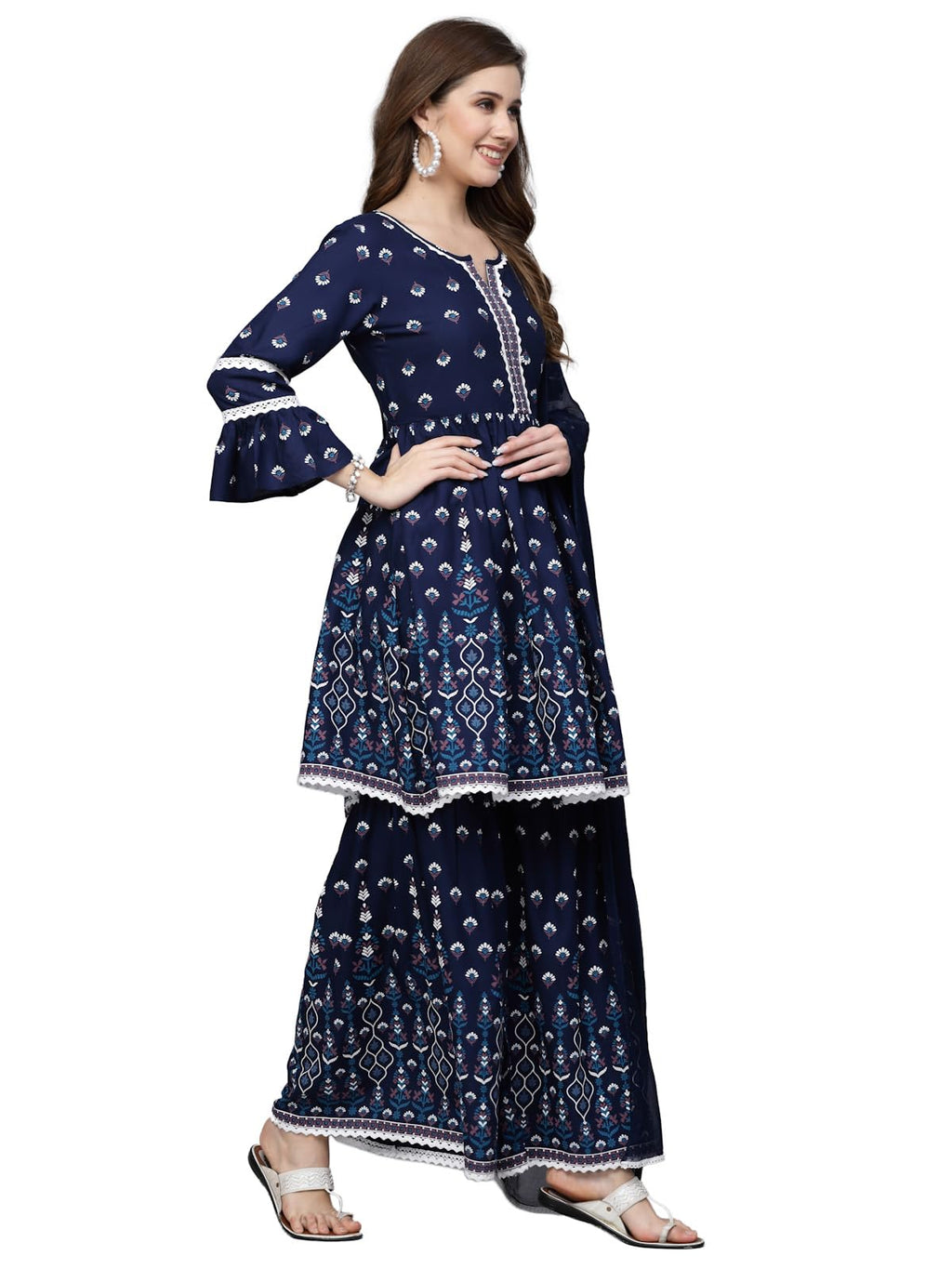 Stylum Women'S Printed Rayon Short Kurta With Sharara & Dupatta