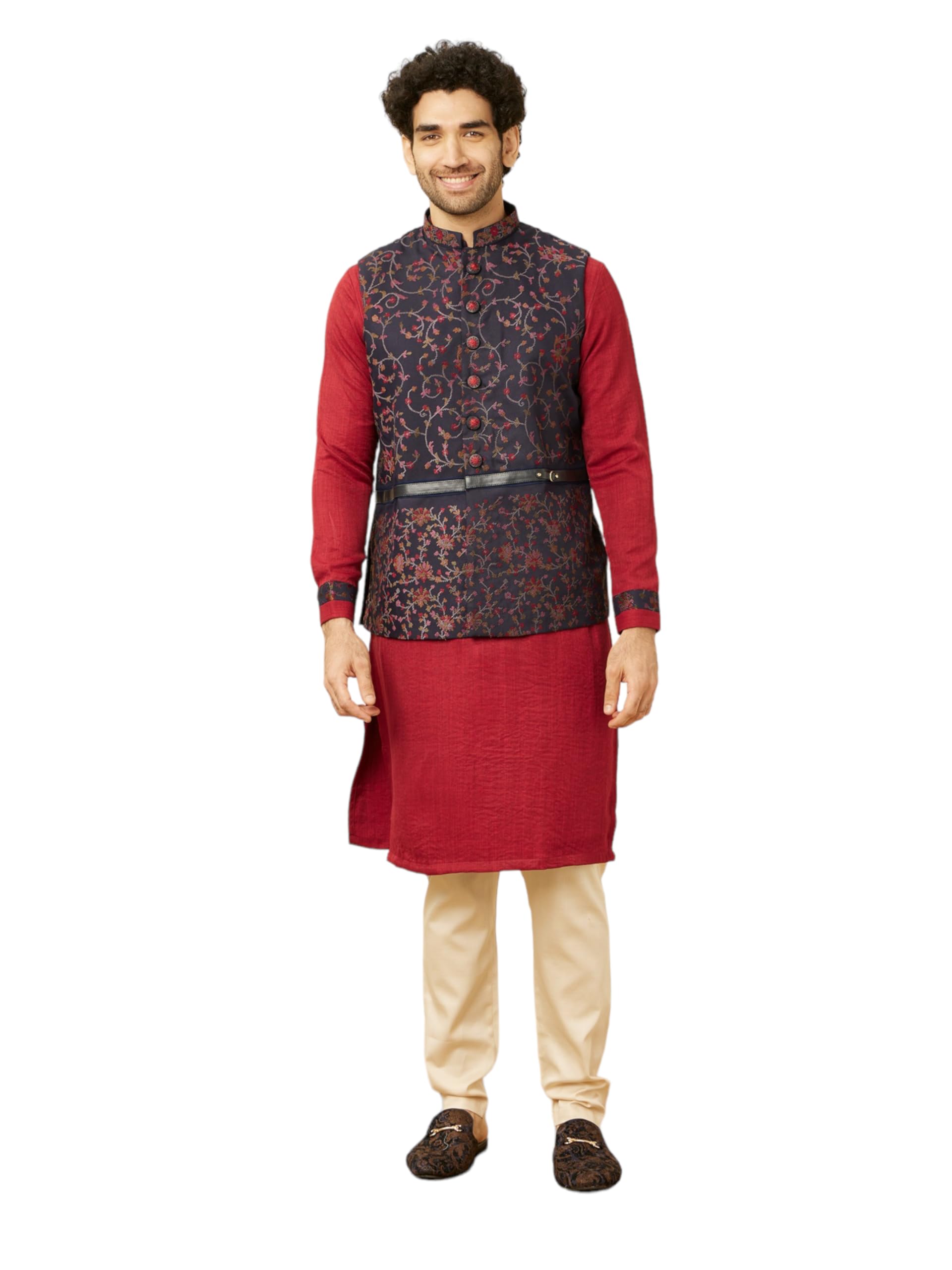 Manyavar Mens Blue Art Silk|Blended Rayon Kurta Jacket Pyjama Set