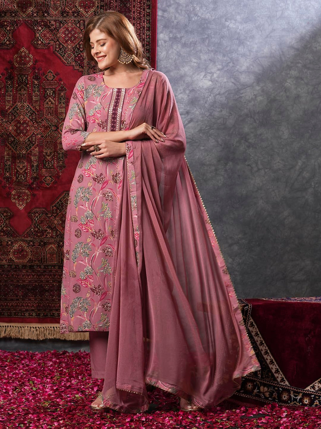 ANNI DESIGNER Women s Kurta with Trousers and Dupatta, peach, L