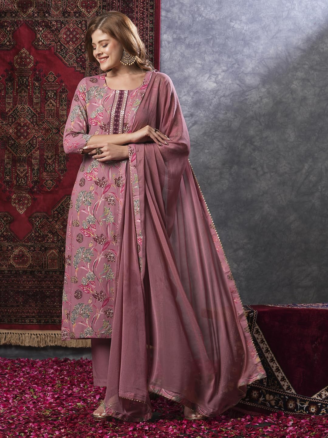 ANNI DESIGNER Women s Kurta with Trousers and Dupatta, peach, L