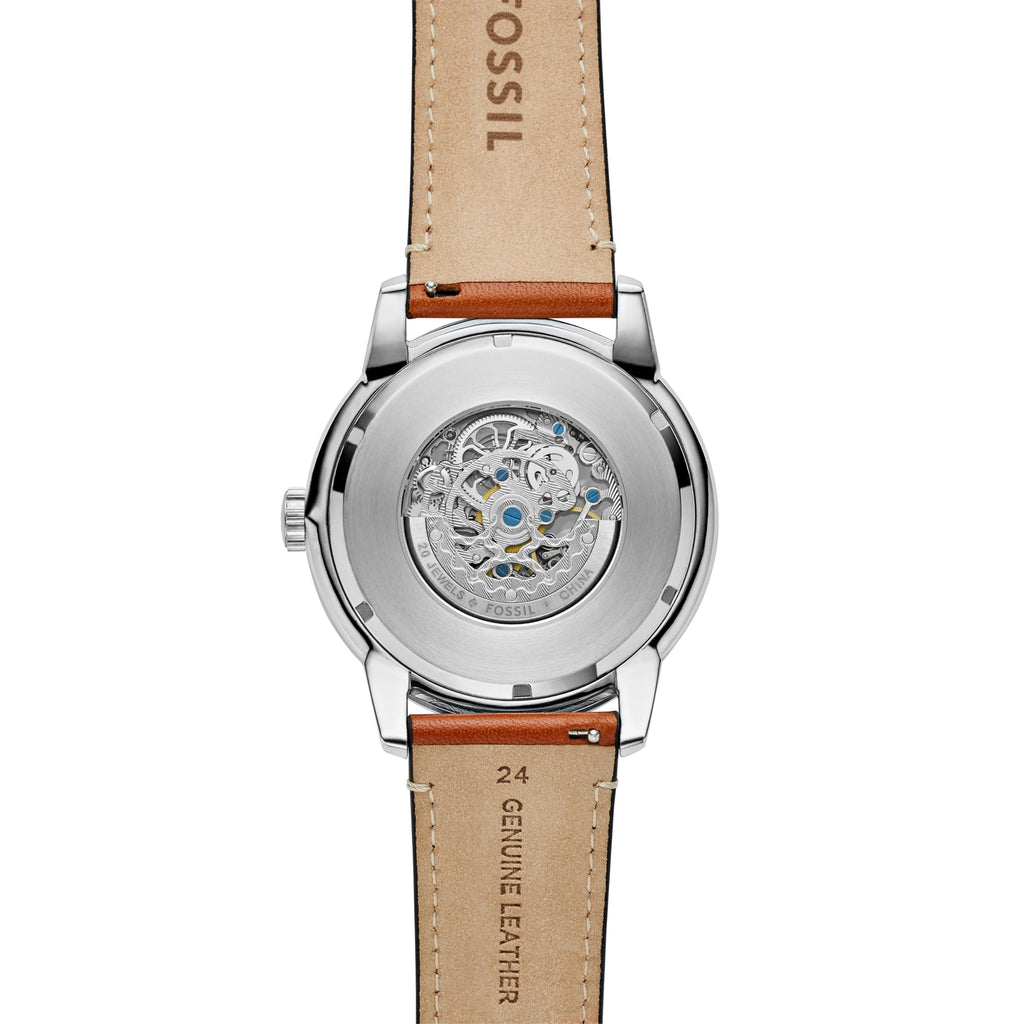 Fossil Men's Townsman Automatic Stainless Steel and Leather Three-Hand Skeleton Watch, Color: Silver, Luggage (Model: ME3154)