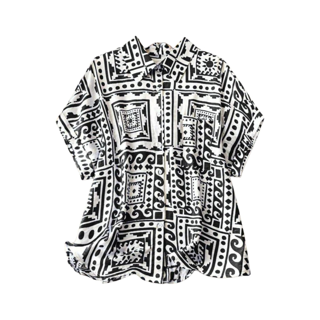 Gufrina WomenS Polyester Shirt With Pocket Half Raglan Sleeves Spread Collar Neck Geometric Printed Relaxed Fit And Standard Le