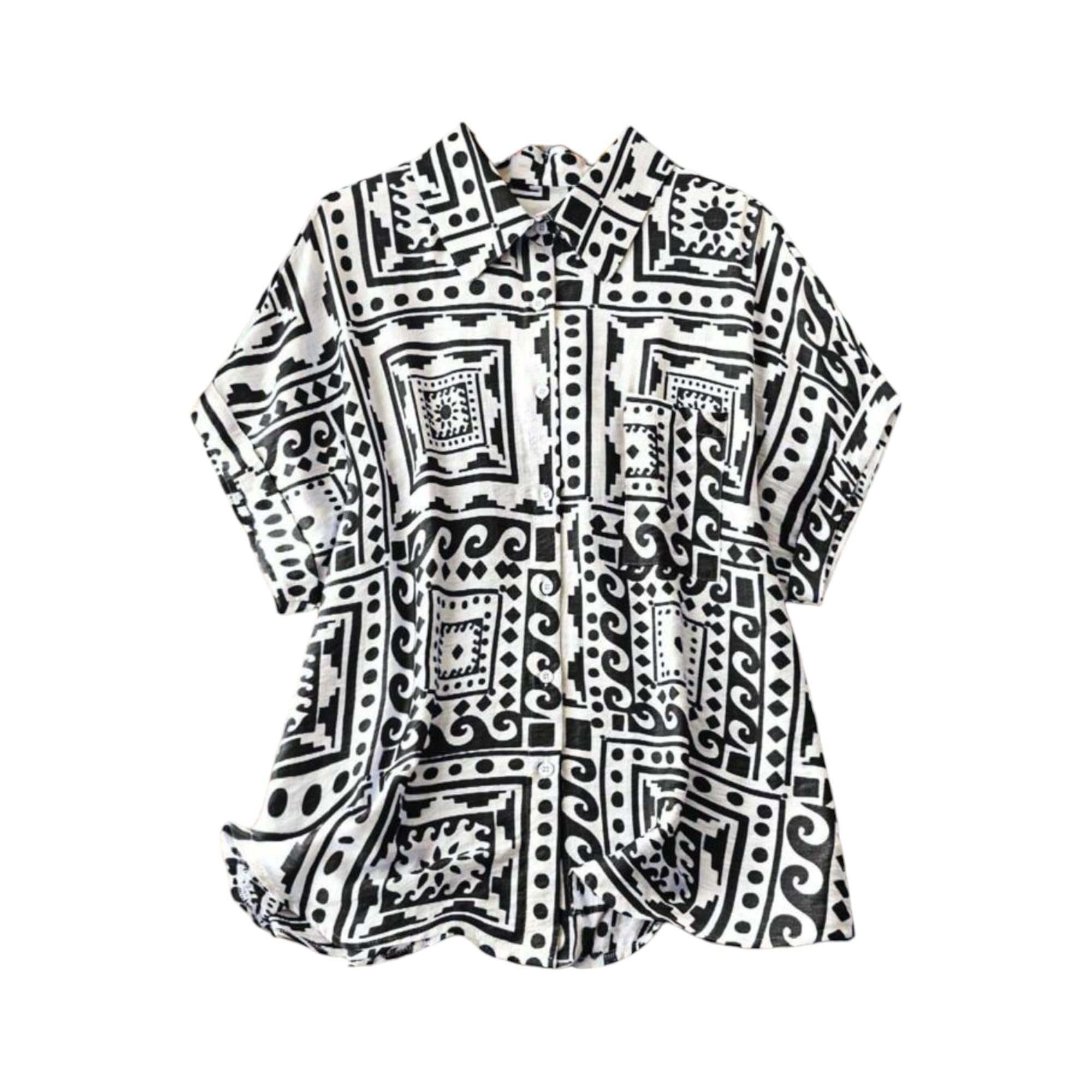 Gufrina WomenS Polyester Shirt With Pocket Half Raglan Sleeves Spread Collar Neck Geometric Printed Relaxed Fit And Standard Le