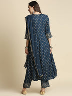 Anubhutee Navy Blue Ethnic Print Anarkali Kurta Pant Suit Set With Dupatta For Women