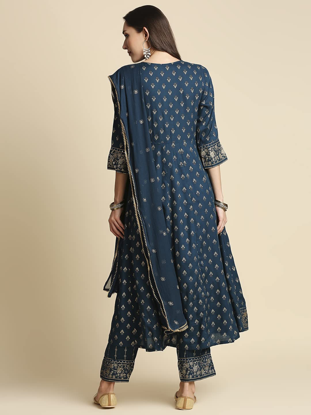 Anubhutee Navy Blue Ethnic Print Anarkali Kurta Pant Suit Set With Dupatta For Women