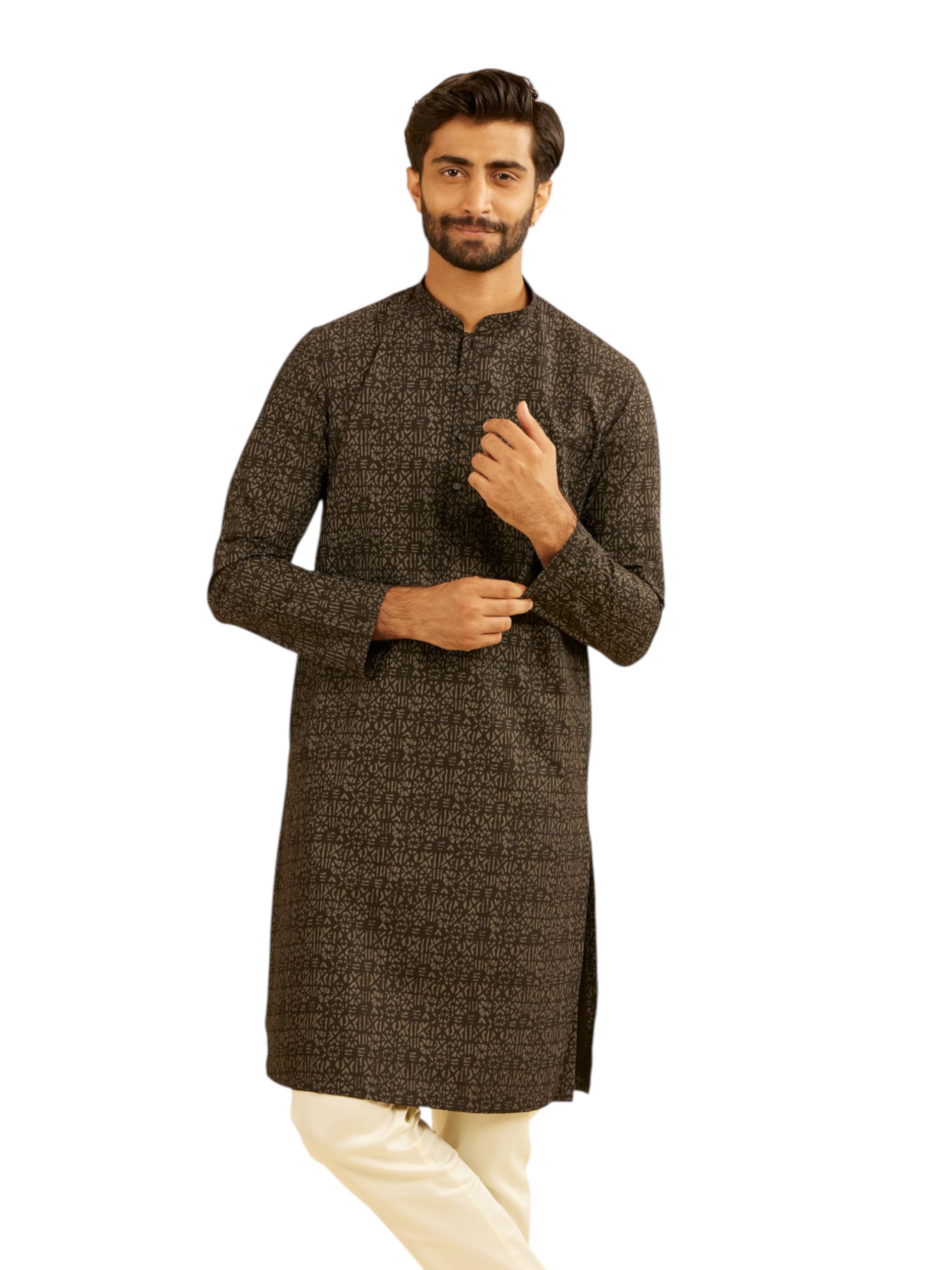 Manyavar Mens Cotton Blend Tribal Prints Kurta (Black,M)