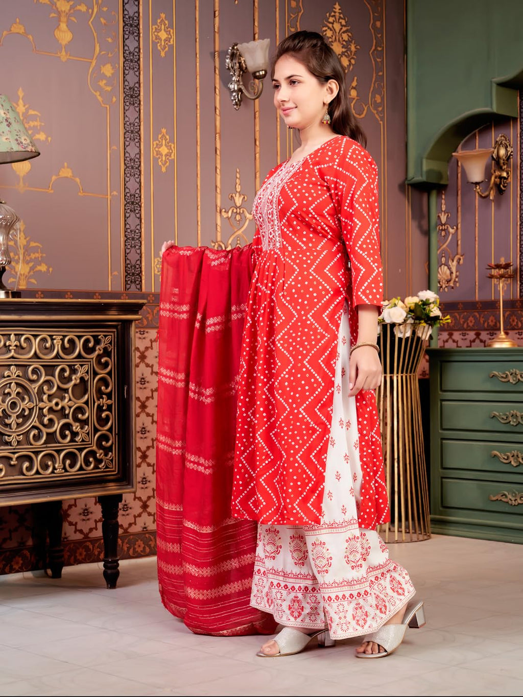 Aarika Girls Ethnic Wear Red Colour Bandhani Print Embroidey Rayon Kurti-8-15 Years (Kurti-Tr-242)