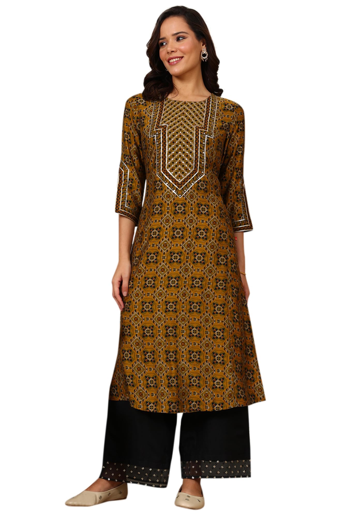 W For Woman Mustard Yellow Geometric Printed Sequined Straight Kurta_24Auw11680-124391_S