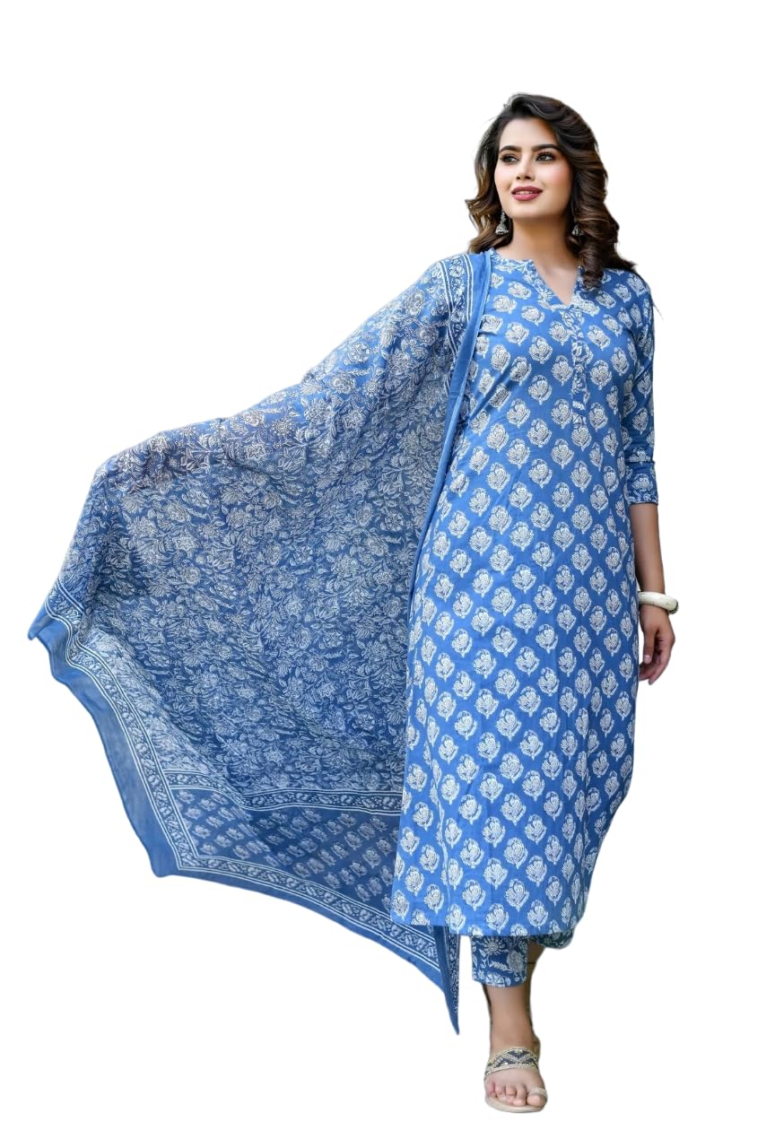 LookMark Womens Trendy Printed Cotton Blend Straight Kurta Pant Dupatta Set ||AZ-LM-OG-KS2087-M Blue