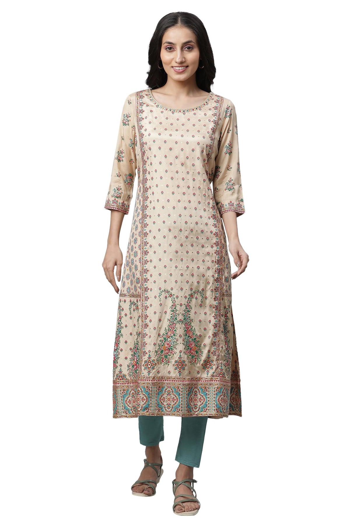 Aurelia Womens Irish Cream Floral Print Viscose Aline Kurta_23AUA13825-507134_S