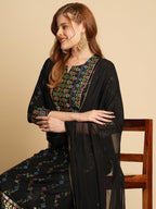 ANNI DESIGNER Ladies Cotton Blend Kurta Trousers with Dupatta Set, Black, S