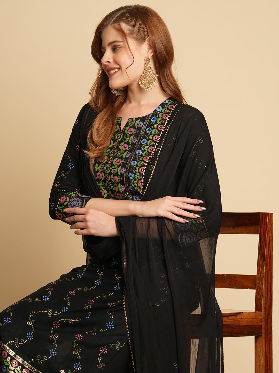 ANNI DESIGNER Ladies Cotton Blend Kurta Trousers with Dupatta Set, Black, S