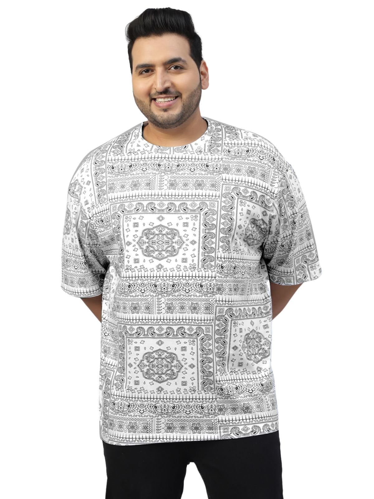 Veirdo Men's 100% Cotton Oversized Loose Baggy Fit Drop Shoulder Paisley Printed Plus Size T-Shirt Whit