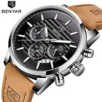 BENYAR Chronograph Waterproof Watches Business and Sport Design Black Leather Band Strap Wrist Watch for Men (Brown Silver Black