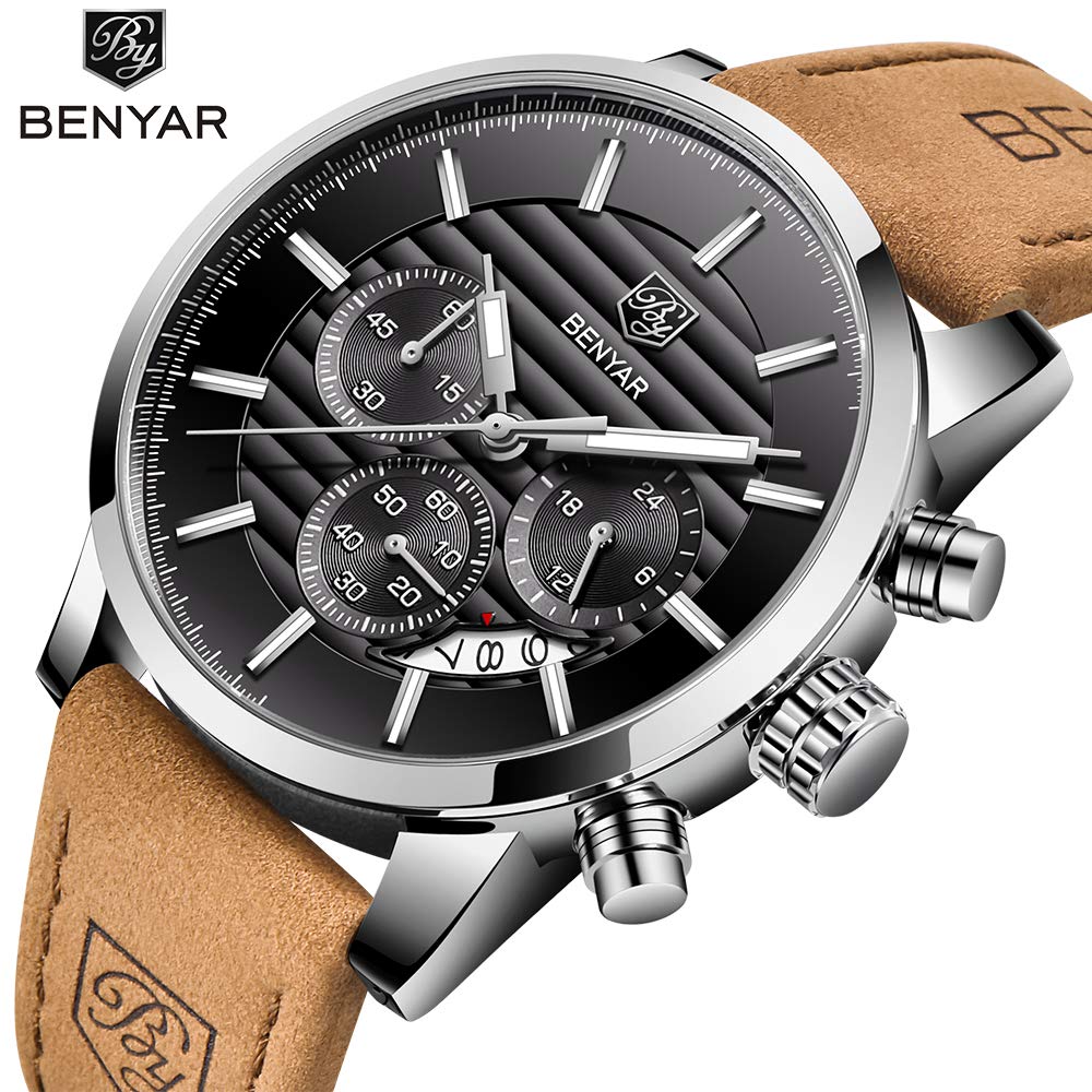 BENYAR Chronograph Waterproof Watches Business and Sport Design Black Leather Band Strap Wrist Watch for Men (Brown Silver Black