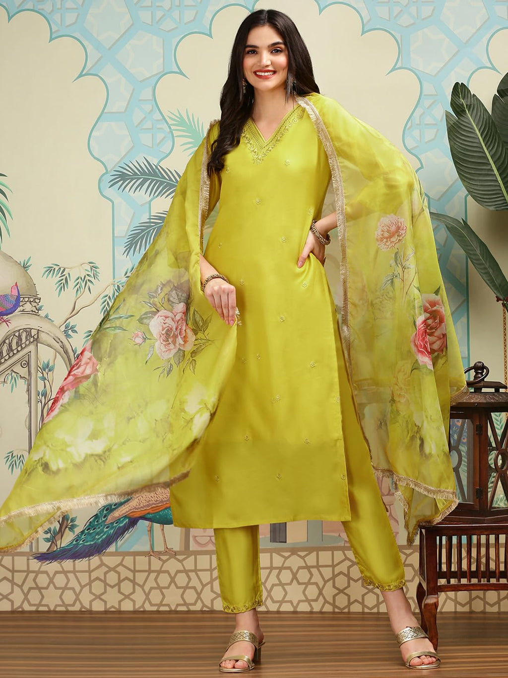 Ishin Floral Embroidered V-Neck Three-Quarter Sleeves Silk Chiffon Kurta Set | Kurta Set For Women | Kurta With Trousers And Dup