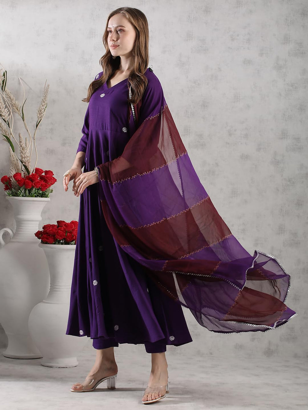 ANNI DESIGNER Anarkali Women s Embroidered Rayon Blend Kurta with Trousers and Dupatta, purple, Large