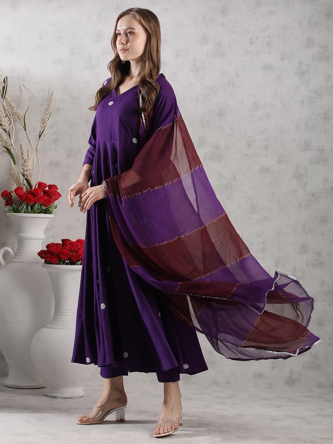 ANNI DESIGNER Anarkali Women s Embroidered Rayon Blend Kurta with Trousers and Dupatta, purple, Large