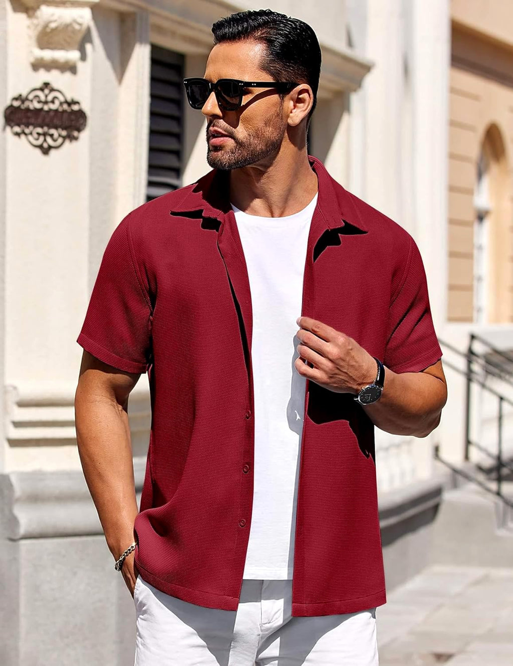 CB-COLEBROOK Mens Waffle Knit Shirt Short Sleeve Button Down Shirts Casual Beach Vacation Shirts Latest Textured Wrinkle Free Sh