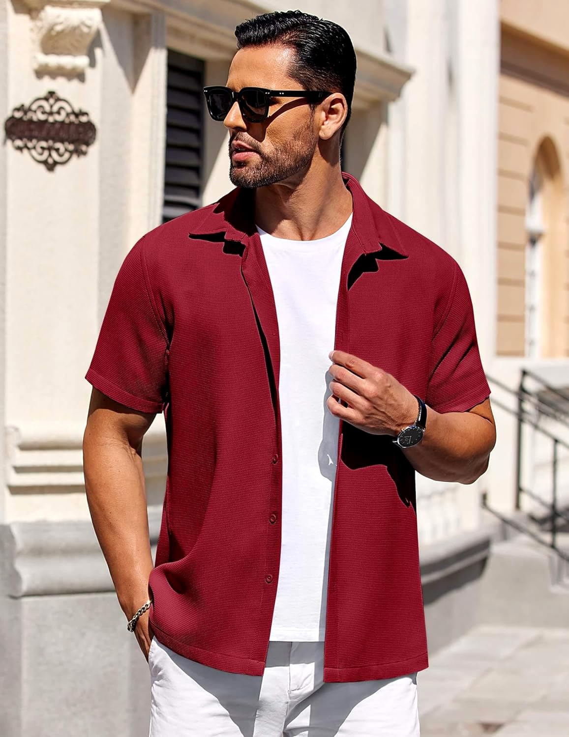 CB-COLEBROOK Mens Waffle Knit Shirt Short Sleeve Button Down Shirts Casual Beach Vacation Shirts Latest Textured Wrinkle Free Sh