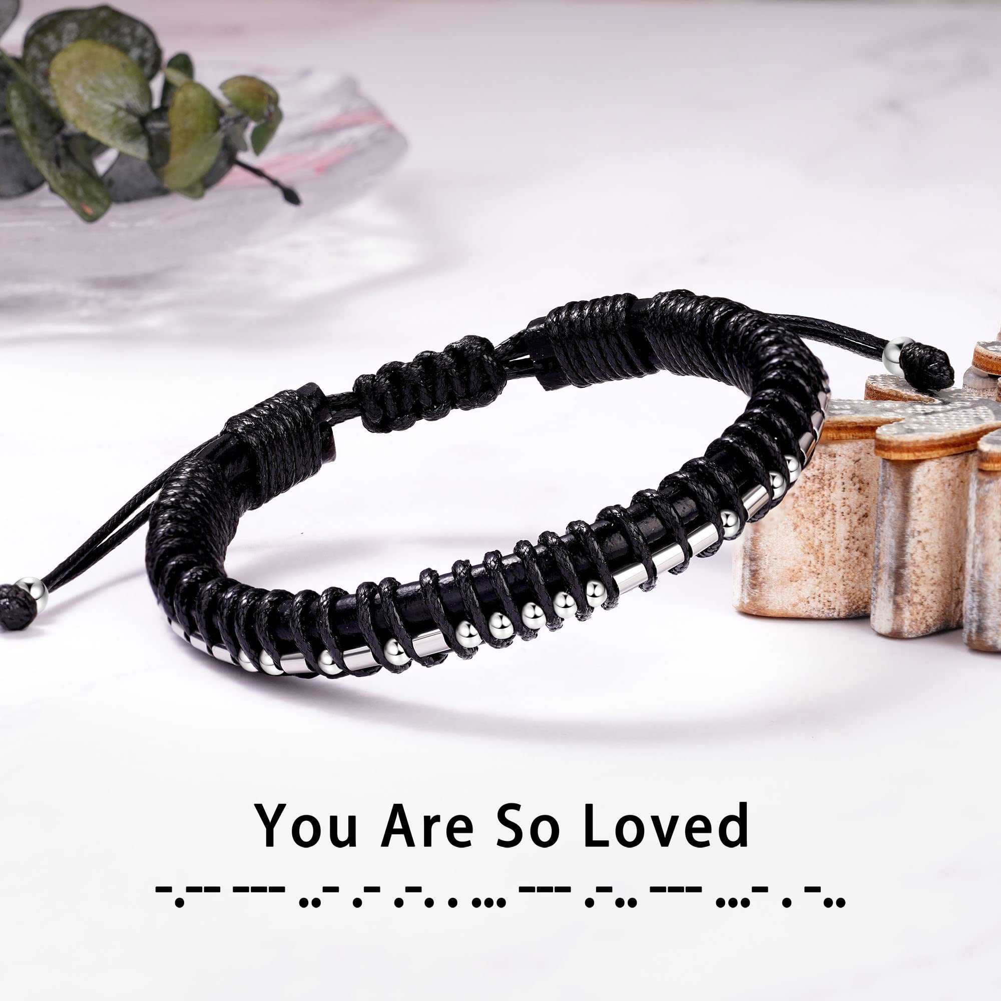Bracelets for Men Motivational Gifts for Boyfriend Morse Code Jewelry Anniversary Leather Bracelets for Husband Classmate Son Br