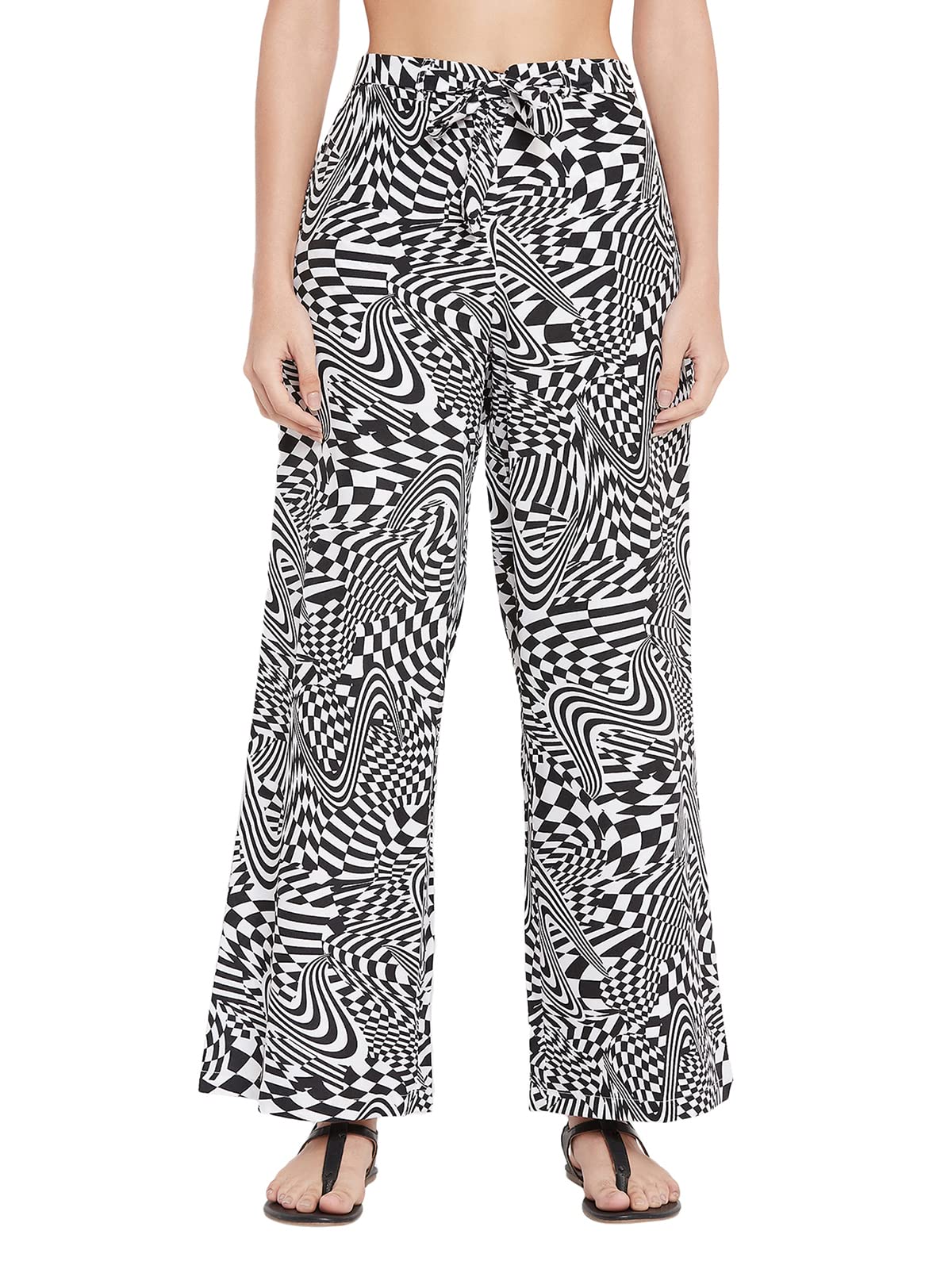 Clovia Womens Crepe Print Me Pretty Flared Pants (RW0042E18_White_XL)