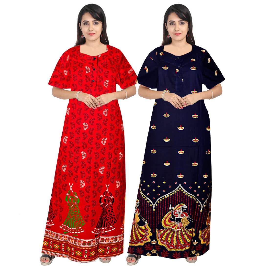 Gorangani Jaipuri Cotton Printed Maternity Front Zipper Full Length Maxi Nighty Gown (Pack Of 2) 2