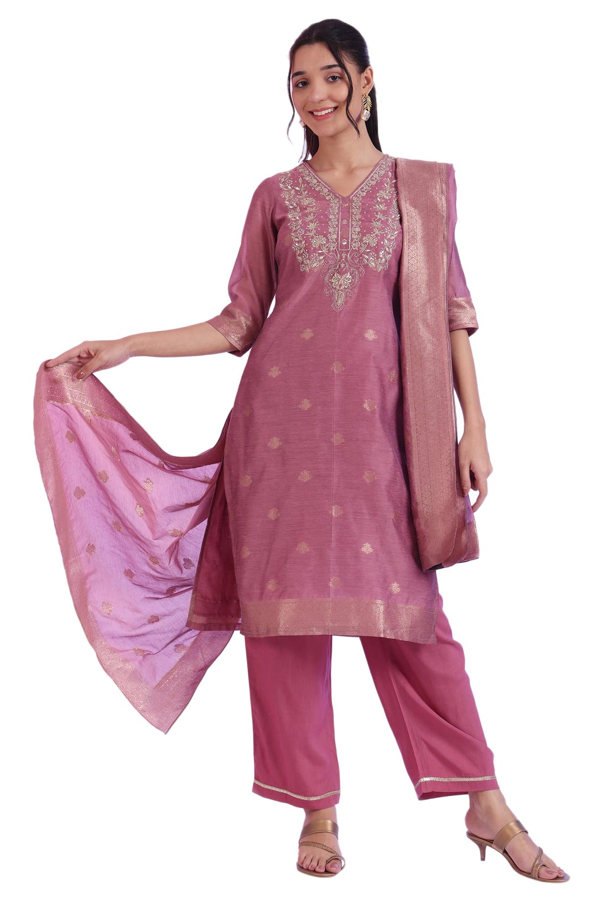 Aurelia WomenS Purple Yarn Dyed Straight Kurta With Palazzos & Dupatta Set (Size: Xl)-As15762-705620
