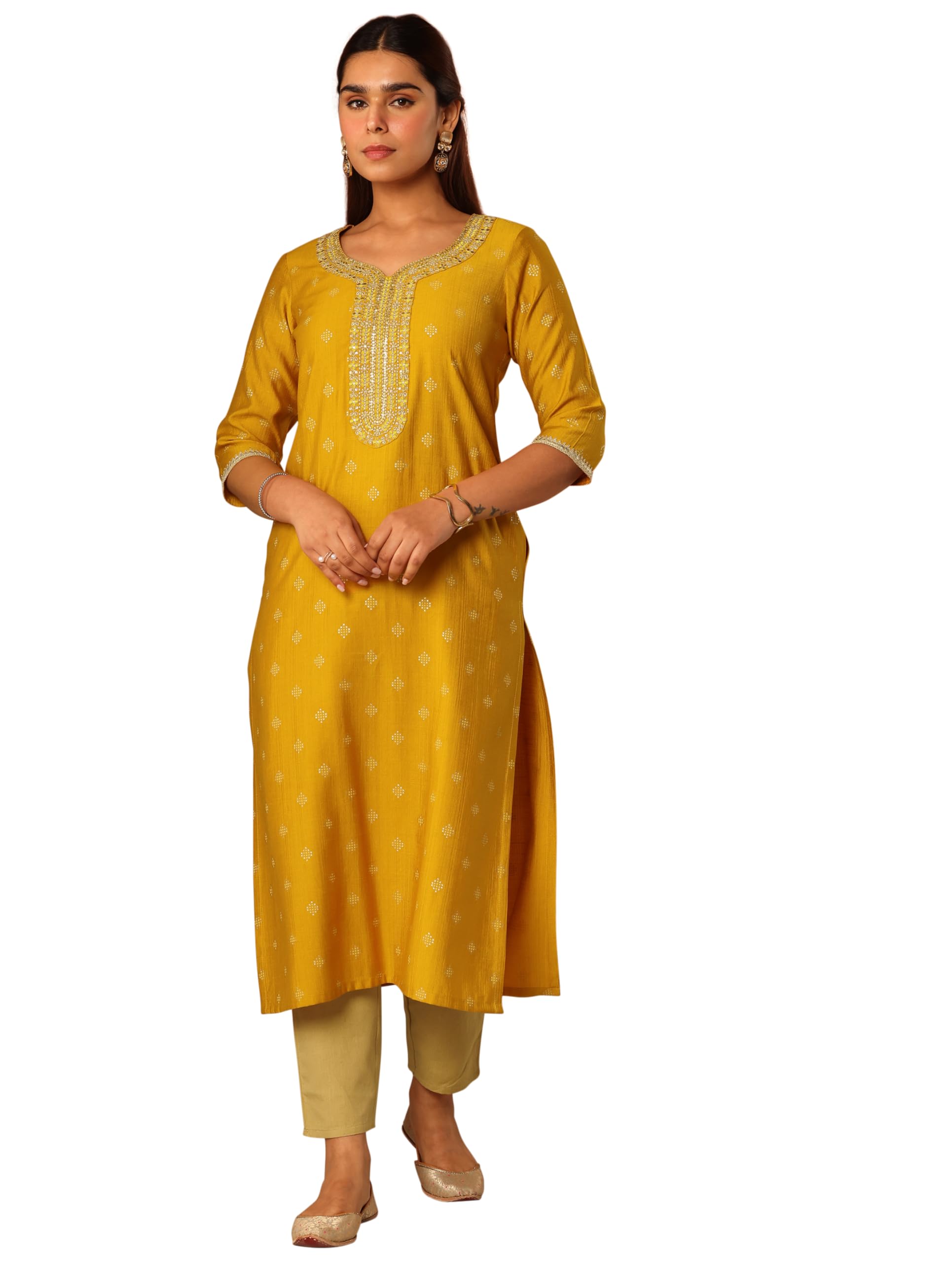 Libas Womens Woven Design Silk Blend Straight Kurta for Women Yellow