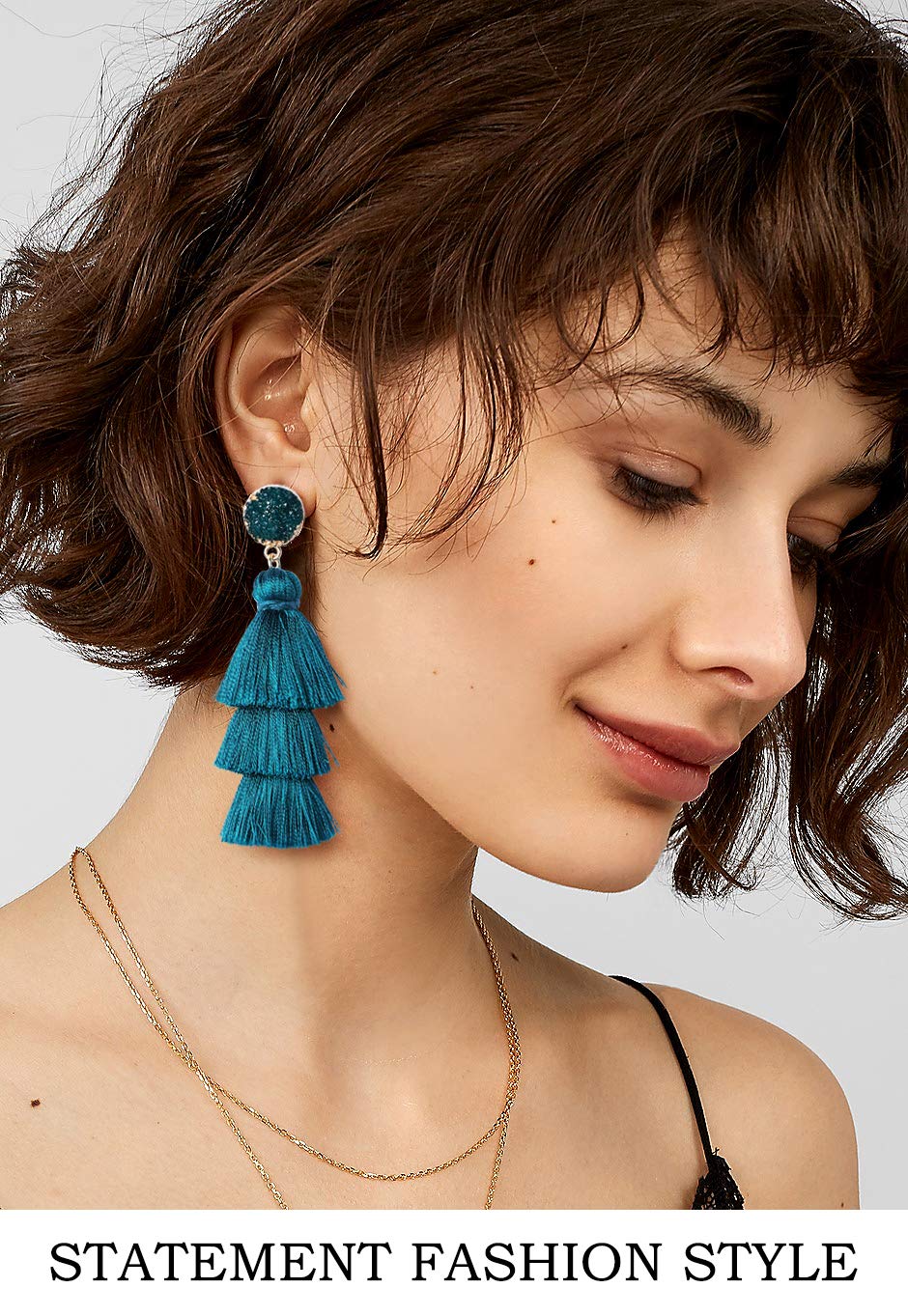 Me&Hz Fashion Tiered Tassel Dangle Earrings for Women Gemstone Studs Statement Boho Long Fringe Drops Birthday/Christmas/Party J