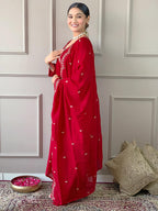 Naixa Womens Red Vichitra Silk Embroidered A-line Kurta with Vichitra Silk Pant and Chinon Embroidered Dupatta Sets (NK-443-Red