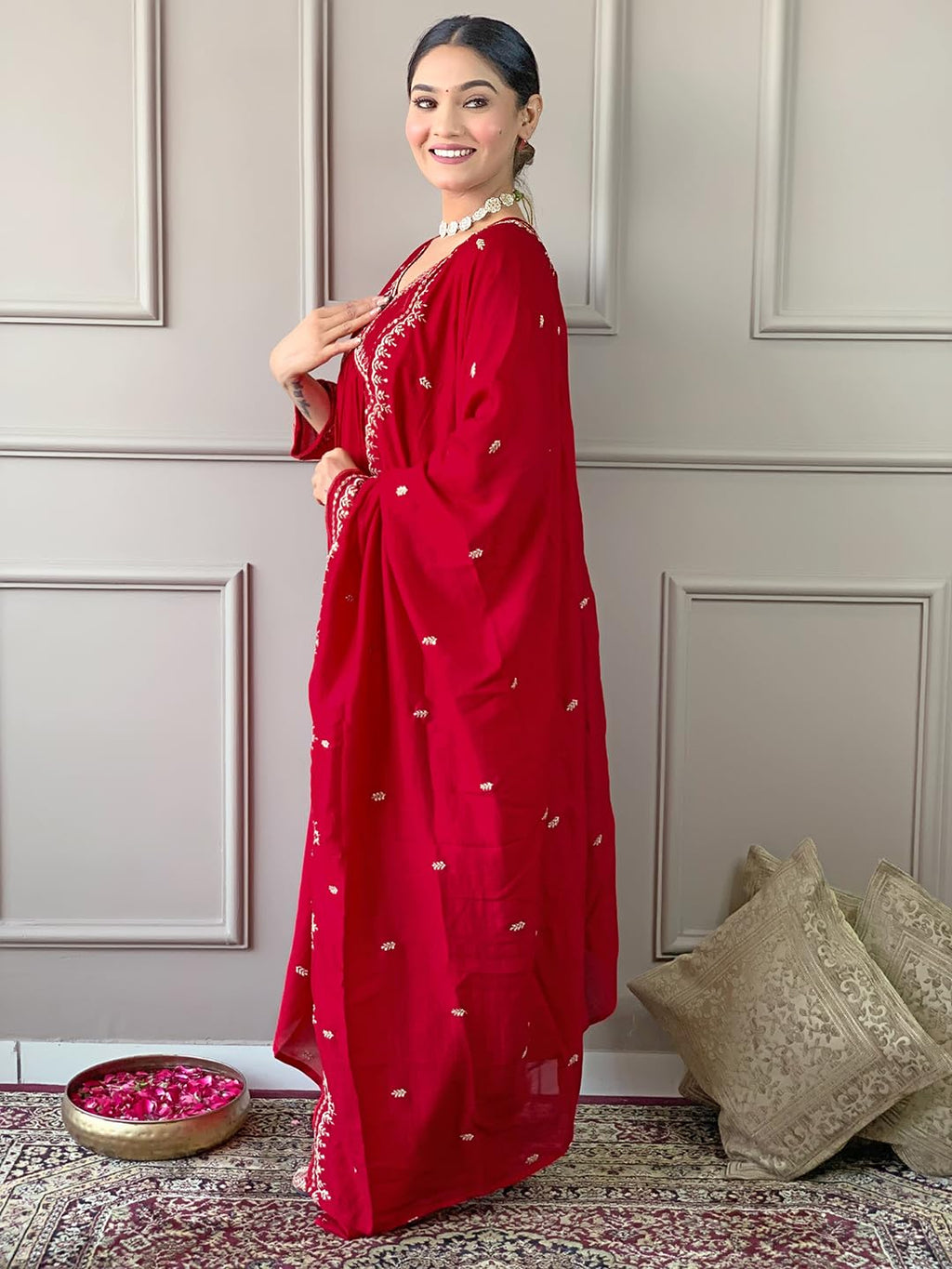 Naixa WomenS Vichitra Silk Embroidered A-Line Kurta With Pant And Dupatta Sets For Wedding Party And Festival Wear (Nx3_443-Red