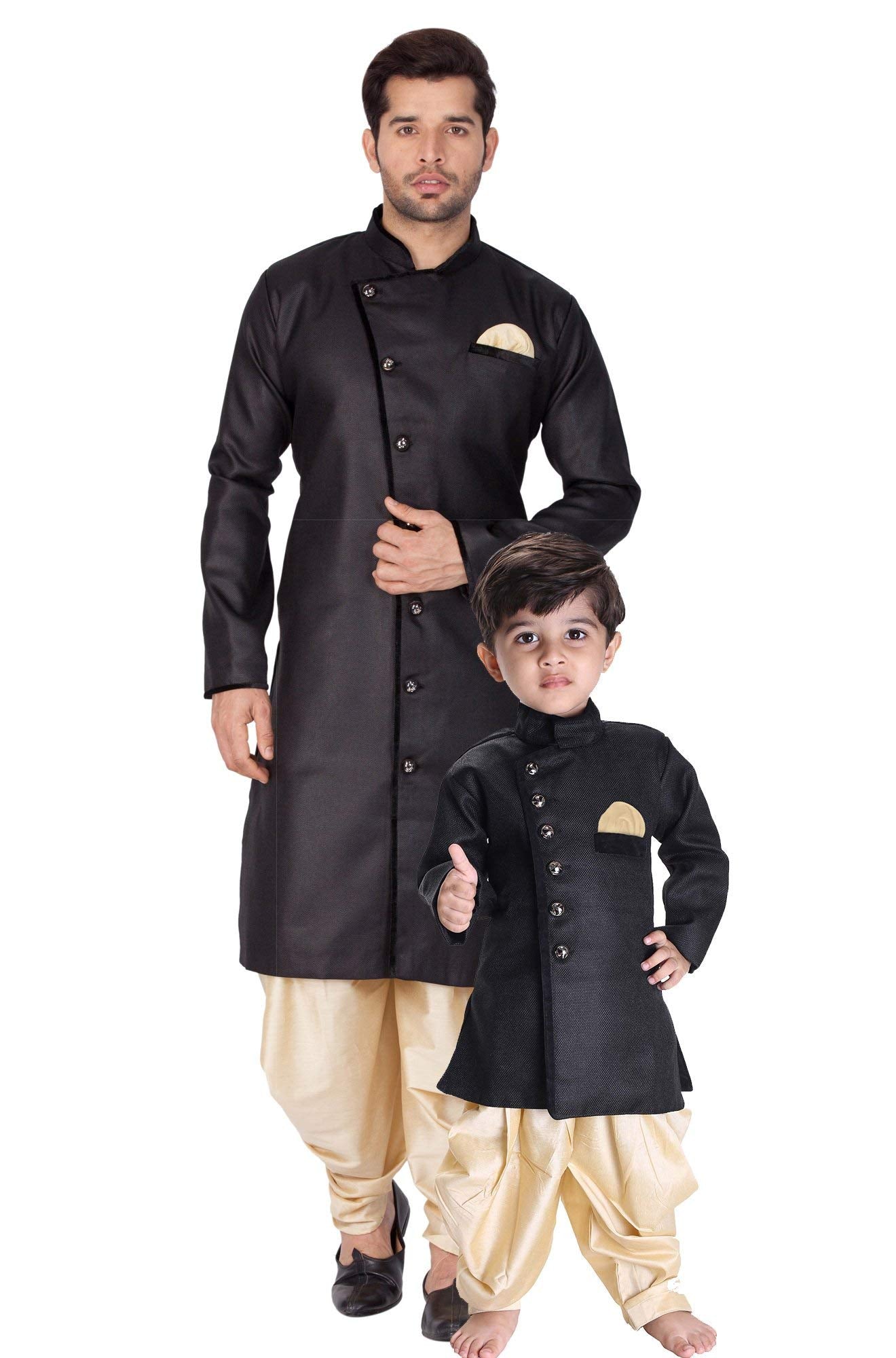 VASTRAMAY Baap Beta Black & Gold Sherwani Suit(40/14)