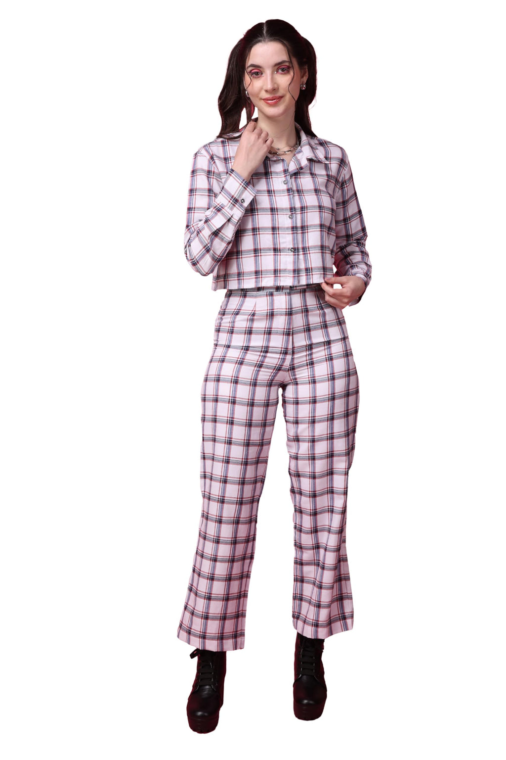 Popwings Casual Checks Print Crop Shirt And Trouser Co-Ord Set For Women | Shirt And Pant Co-Ord Set For Women | Full Sleeves Co