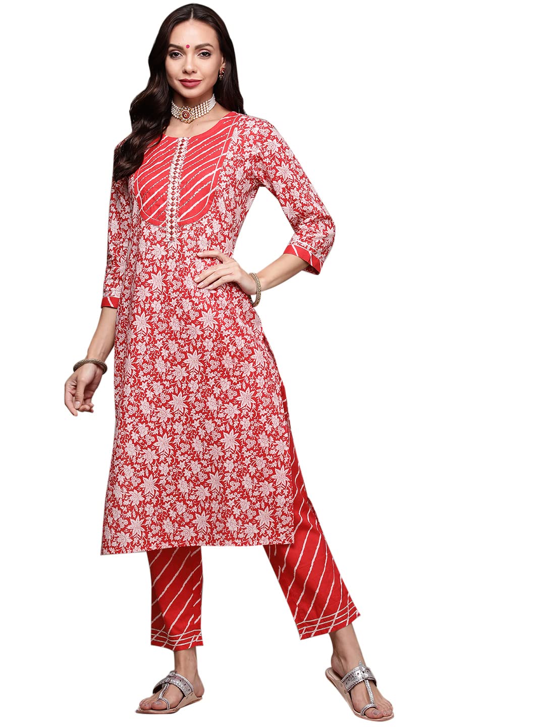 Anubhutee Women'S Cotton Red Gota Patti Work Floral Printed Straight Kurta Suit Set With Pants