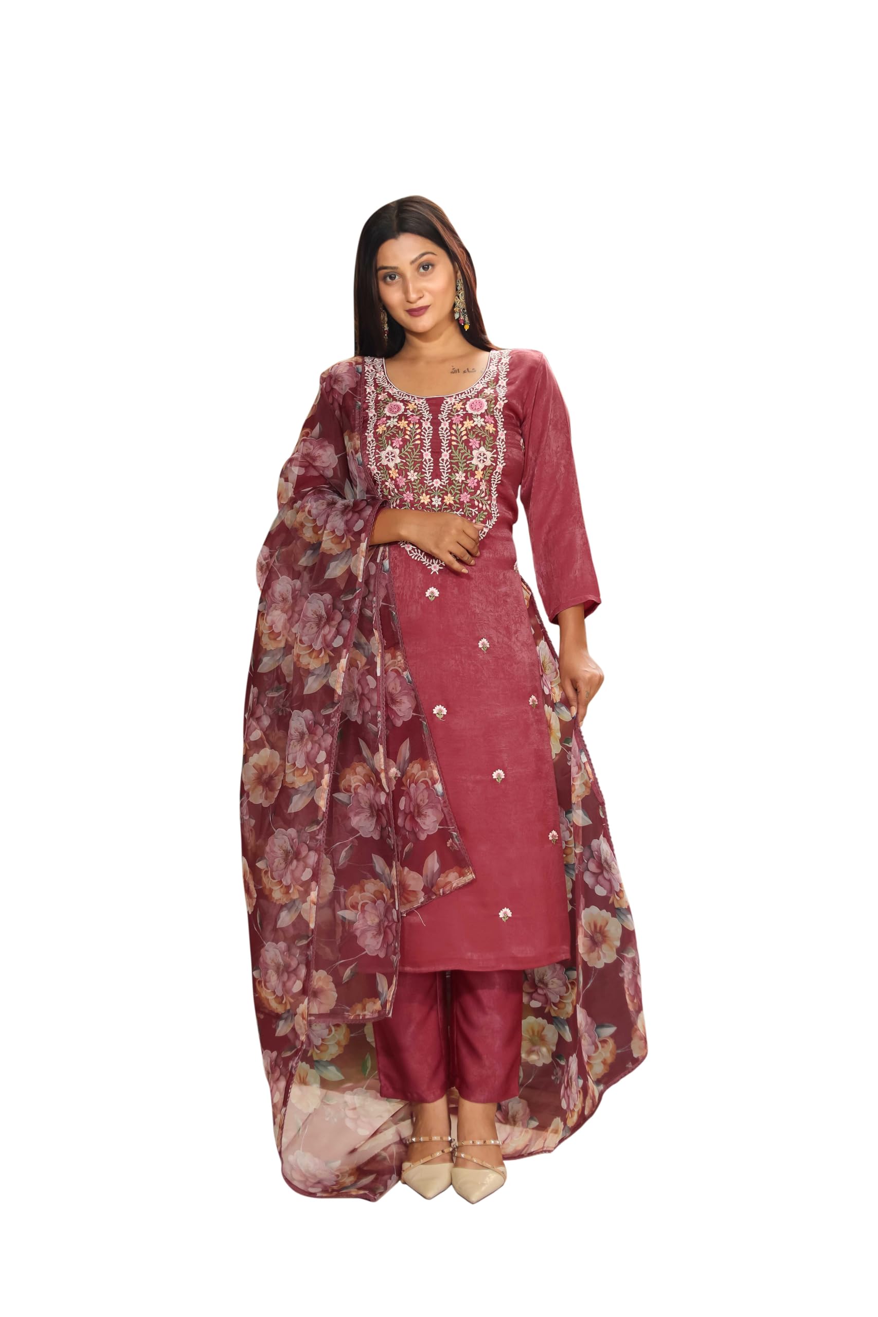 Womanista Women'S Velvet Kurta Pant With Dupatta Set(Kurtaset_1247_Pink_M)